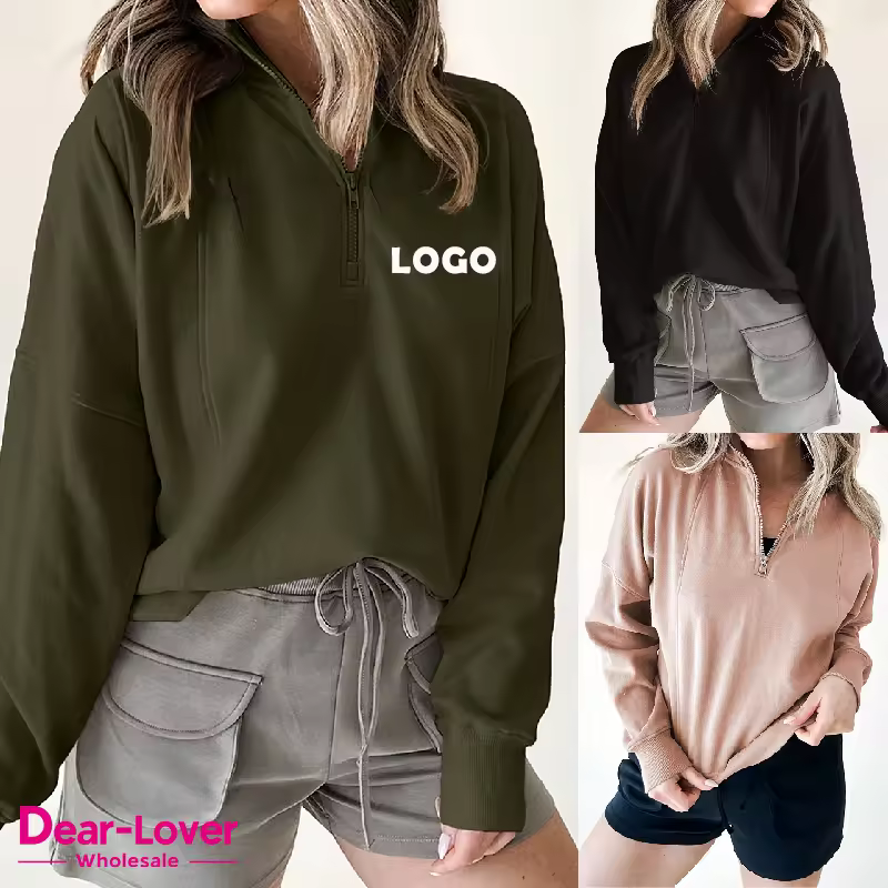 20%off Dear-lover Fast Shipping Wholesale Solid Color Blank Plain Zipped Neck Pullover Drop Shoulder Custom Half Zip Sweatshirt