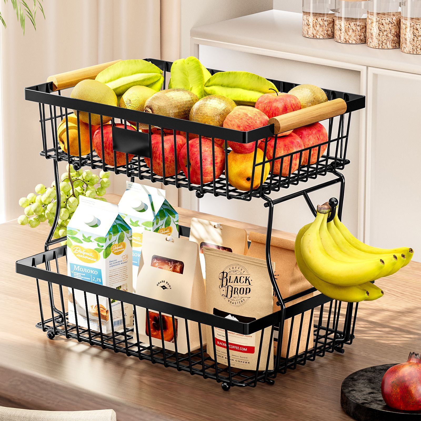 Kitchen Living Room Snack Fruit and Vegetable Double Layer Detachable Metal Tabletop Tray