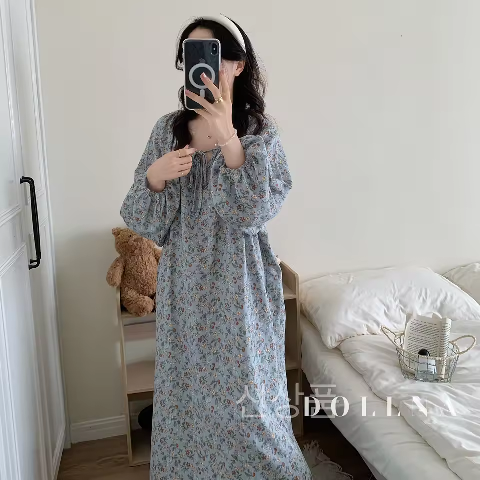 Women's Floral Soft Breathable Pajamas Comfortable Daily Home Clothing With Night Skirt Reactive Dyeing For Spring Use