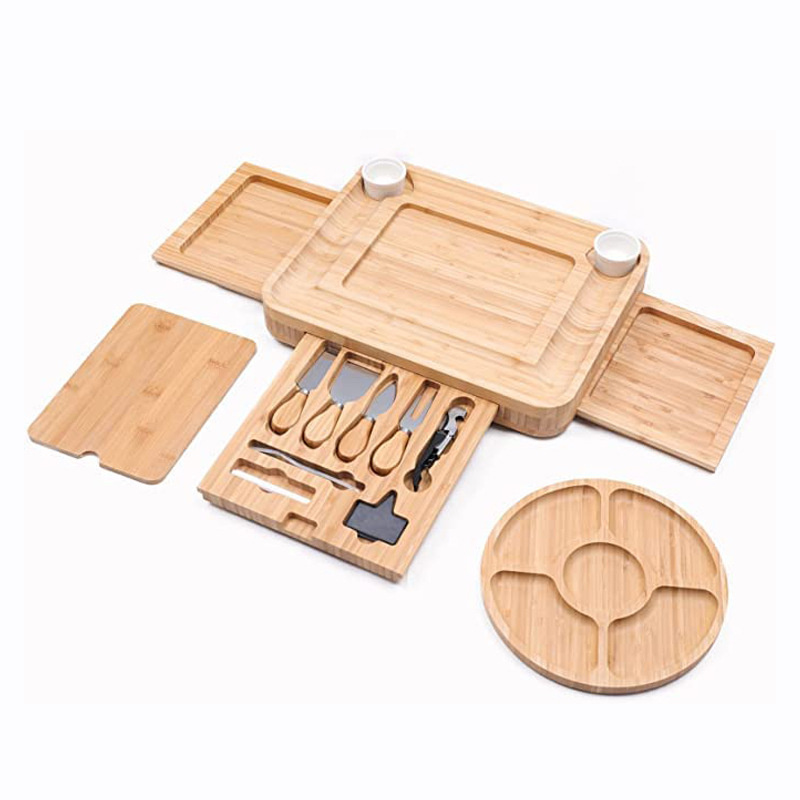 Natural Bamboo Cheese Board/Double Drawer Tool Cheese Board/Bamboo Pull-out Cutting Board/Dining Fruit Cutting Board/Outdoor Camping Cutting Board
