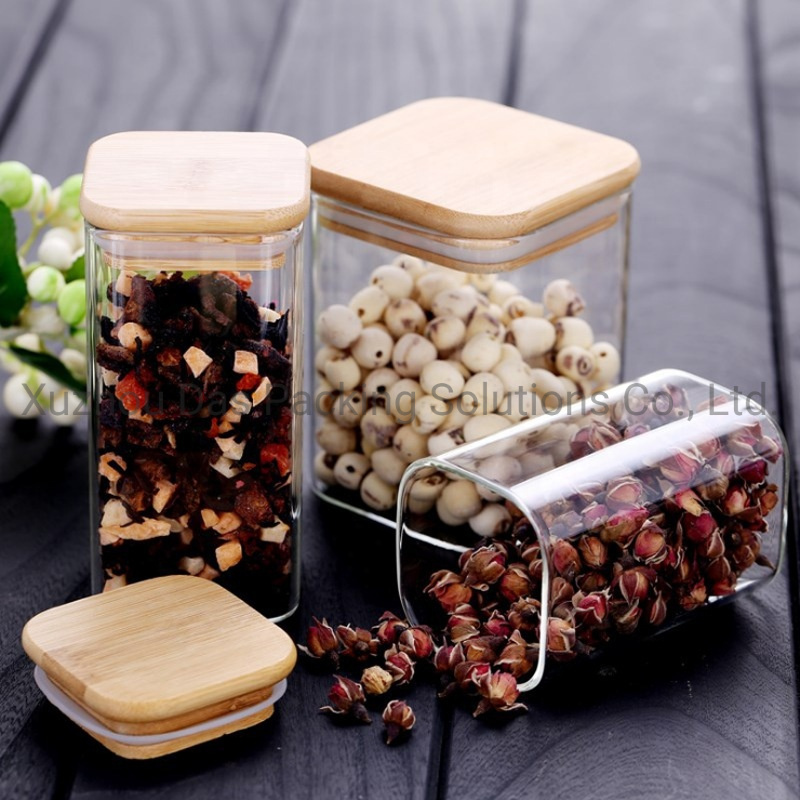 Supplier Square Borosilicate Airtight Kitchen Pasta Food Spice Glass Storage Jar and Containers with Wooden Bamboo Lid
