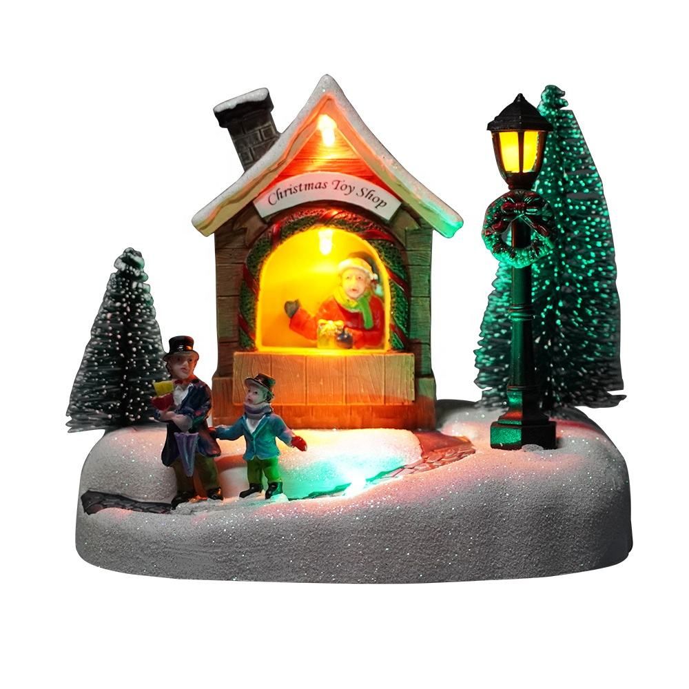 Xmas Santa Shop Scene Resin Fiber Optic Musical Miniature Christmas Village Houses with Mult LED Color Ornament