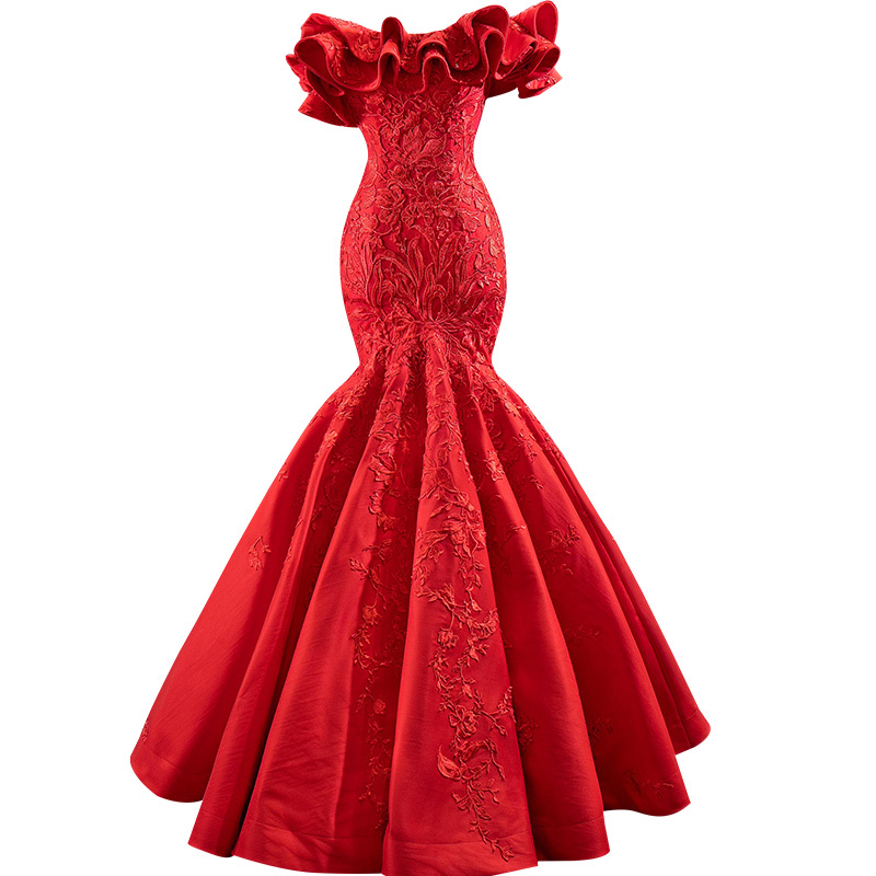 Red Embroidery Party Dress Lace Mermaid Evening Prom Dresses T92440