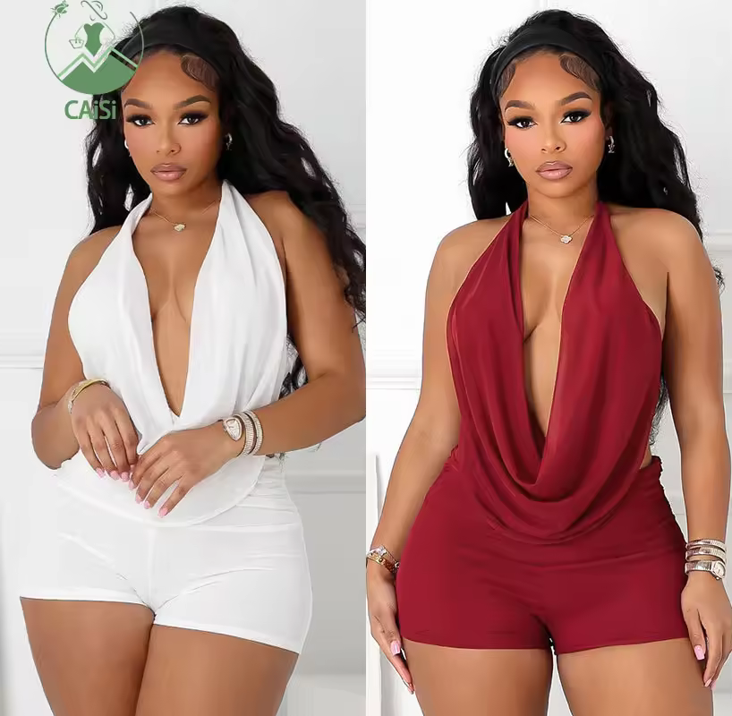 Summer New Women Halter Sets Swinging Collar Backless Lace Up Top And Shorts 2 Piece Sets For Women's Clothing Ropa Mujer Verano