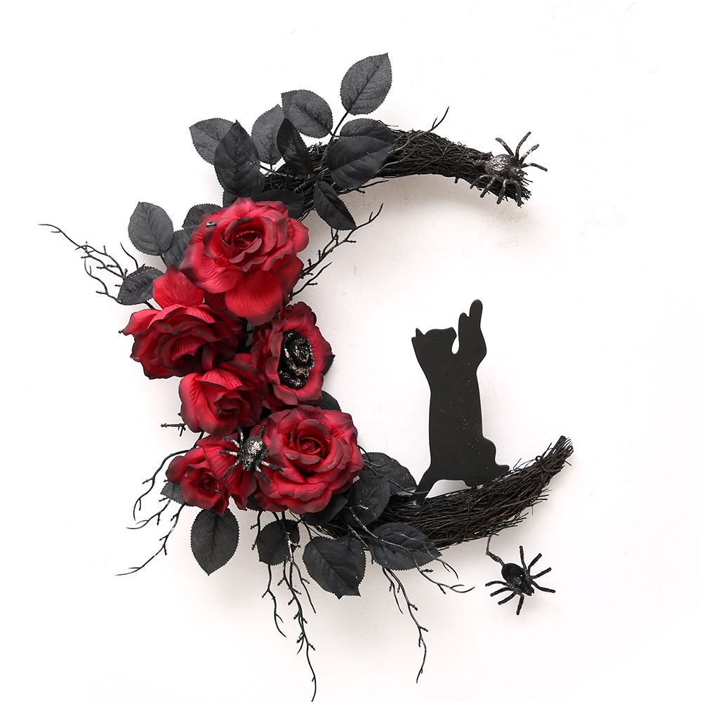 2024 Halloween Design Halloween Wreath Black Leaf with Roses Flowers Home Front Door Hanging Half Wreath for Halloween Decoration