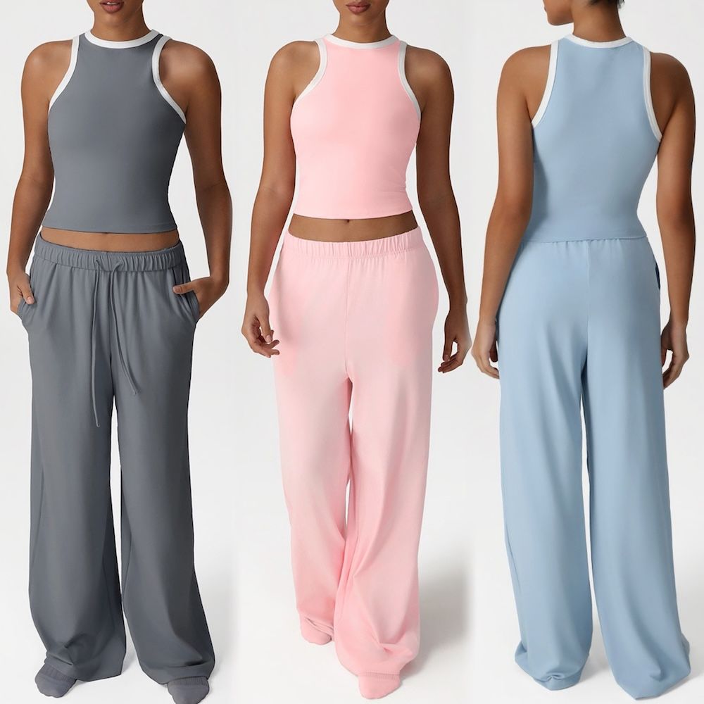 Wholesale 2PCS Casual Street Style Loose Fit Sportswear Sweat Suit for Women, Color-Block Tank Tops + Straight Wide Leg Baggy Trousers Joggers Set