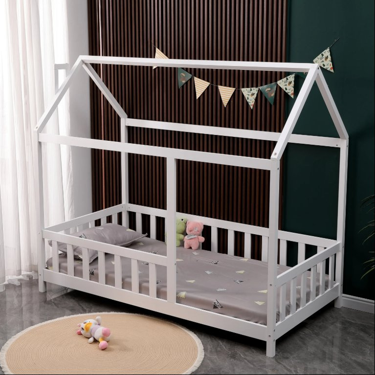 Wooden Children's Single Bed Frame House Children's Bedroom Furniture with Roof Awning Baby Walker Bed Girl's Boy's Single Bed Frame