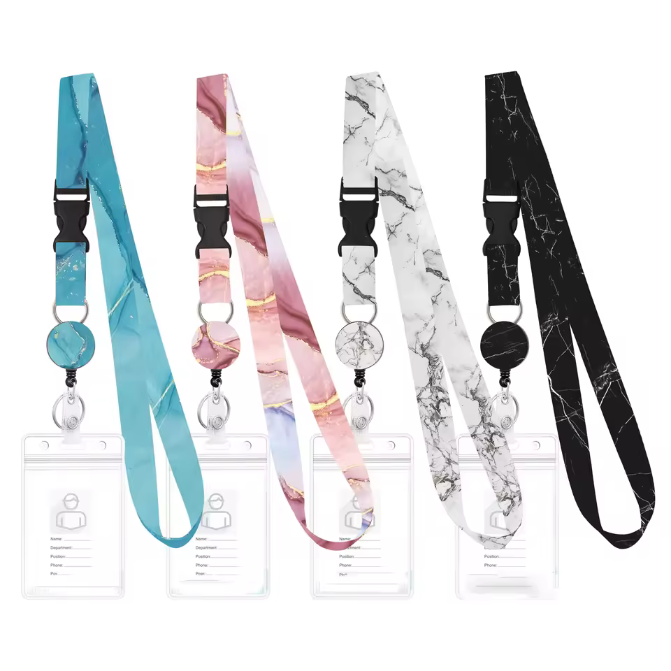 Stock Separable Buckle Polyester Lanyard Badge Reel Marbling Neck Strap With Id Card Holder