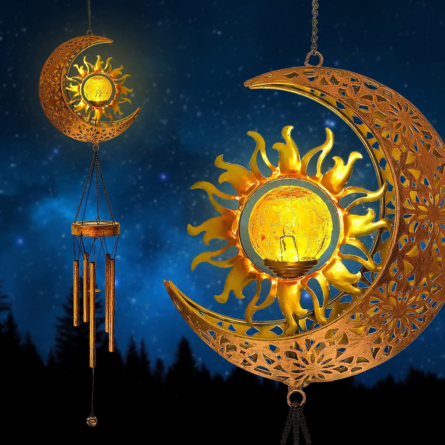 Sun Moon Figurine Hanging Outdoor Decor Solar LED Memorial Wind Chimes Light for Garden Yard Patio Lawn Yard
