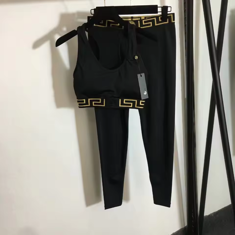 Women Designer Gym Sports Wear Breathable Mesh Patchwork Crop Tank Top 2 Pieces Leggings Fitness Yoga Sets