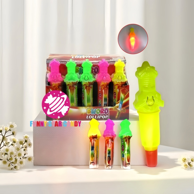 2024 New Arrivals Fruit Flavor Sweet Lipstick Lollipop Confectionery Plastic Colorful Lighting Sword Hard Candy Toy