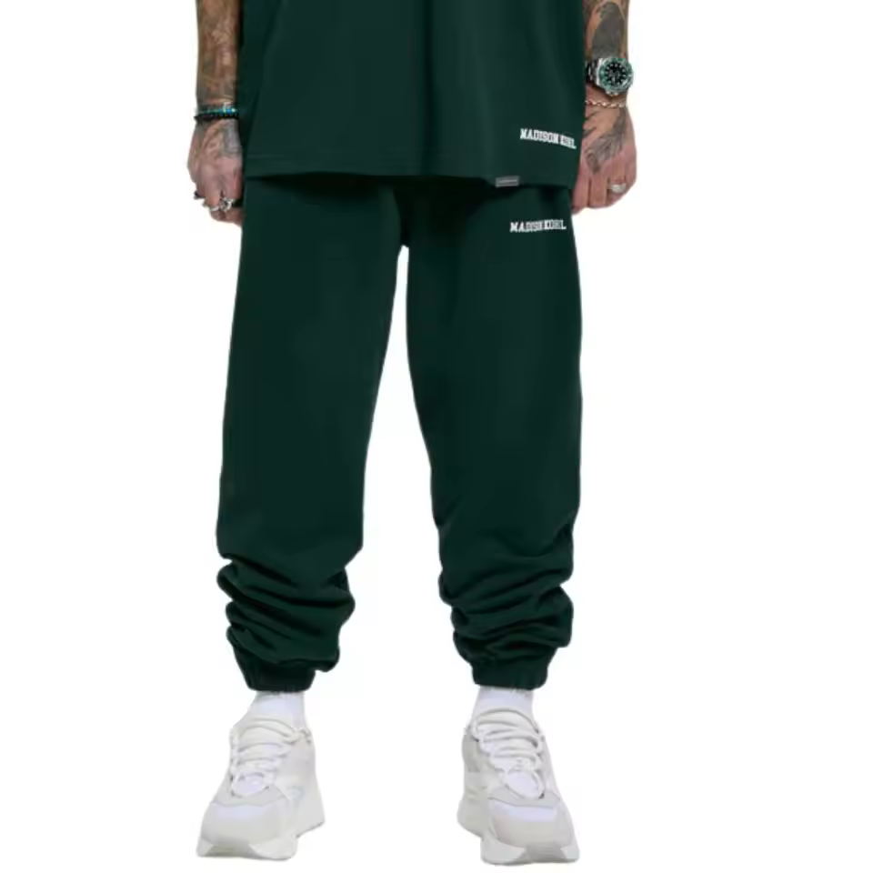 Collegiate Green Cuffed Jogger 100 Percent Cotton Fleece Relaxed Fit Streetwear Pants With Screen Print And Rear Zip Pocket