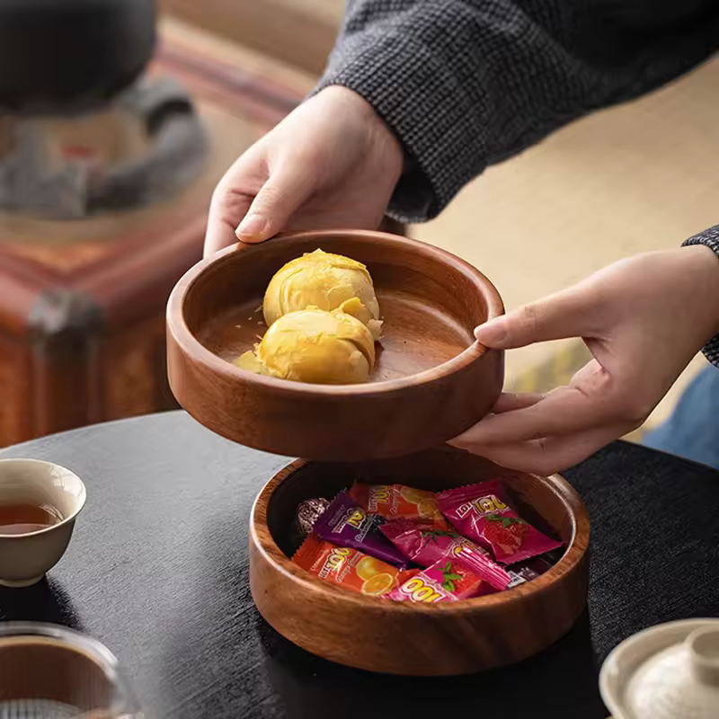 Japanese-style Solid Wood Round Dessert Plate Dried Fruit Tray With Snack Plate Moq 100pcs