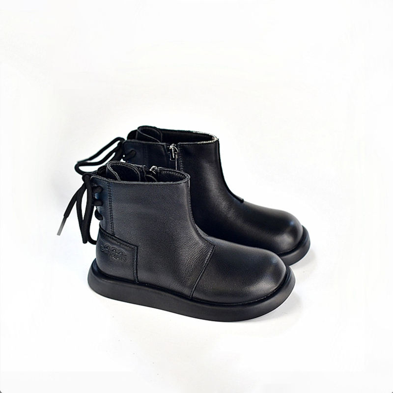 Genuine Cowhide Leather Black Princess Short Boots For Girls Anti-Slip Fleece Soft-Soled Ankle Height Winter Boot Rubber Insole