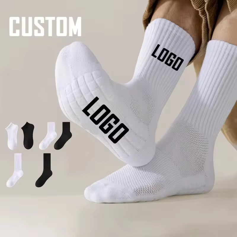 Unisex Mid Cap Crew Cotton Terry Sport Socks Athletic Basketball Soccer Custom Socks Hand Drawn Print Bottom Low Moq White Socks