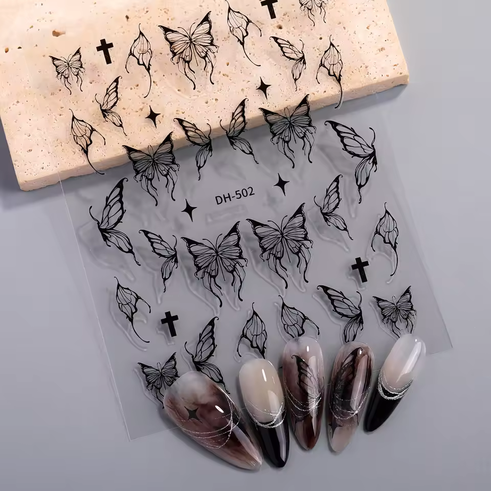 Hot Sale 3d Luxury Black White Butterfly Nail Decals Supplies Self-adhesive Butterfly Design Nail Art Sticker Wholesale
