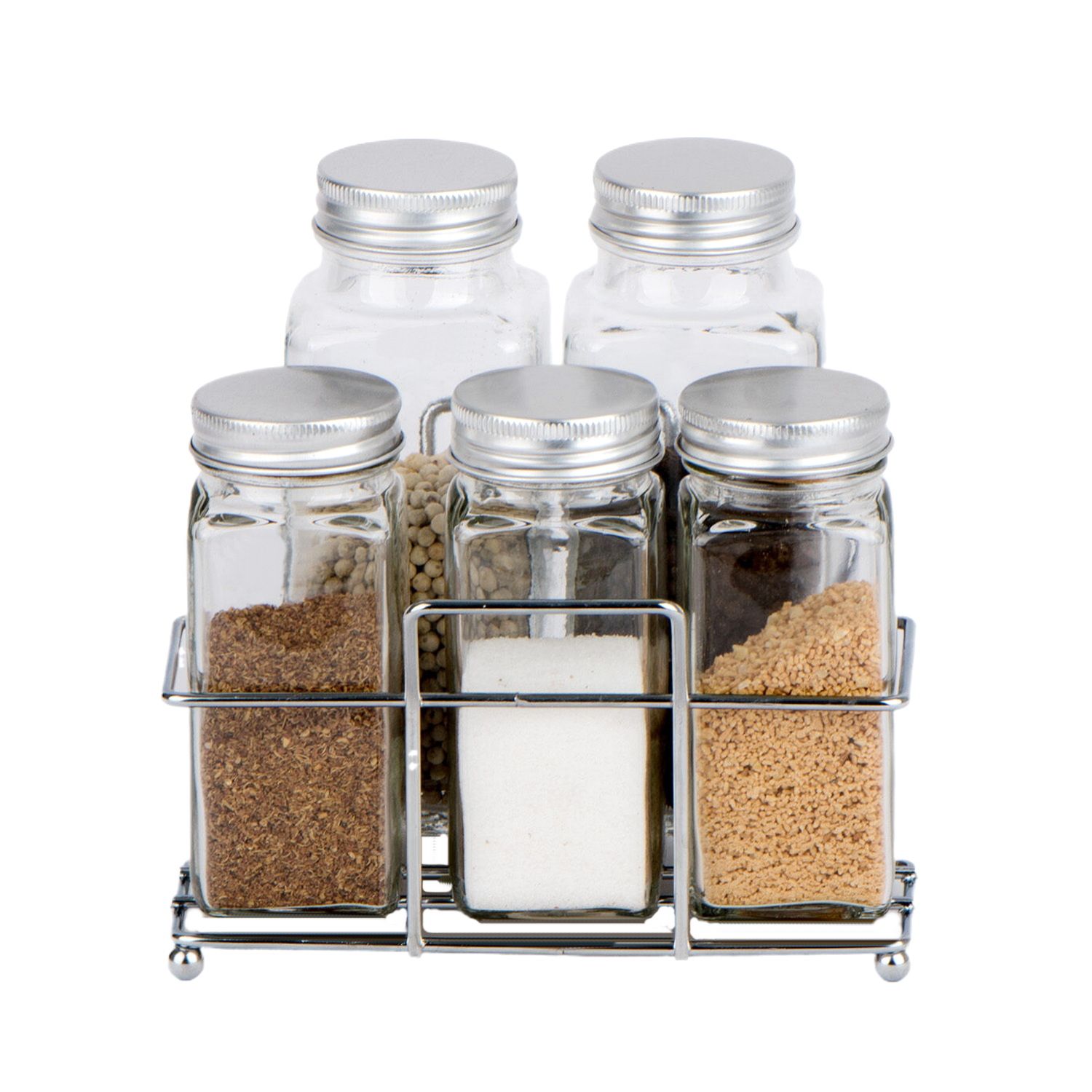 5PCS Square Glass Spice Jar Set with Stainless Steel Lid with Metal Rack for Seasonings