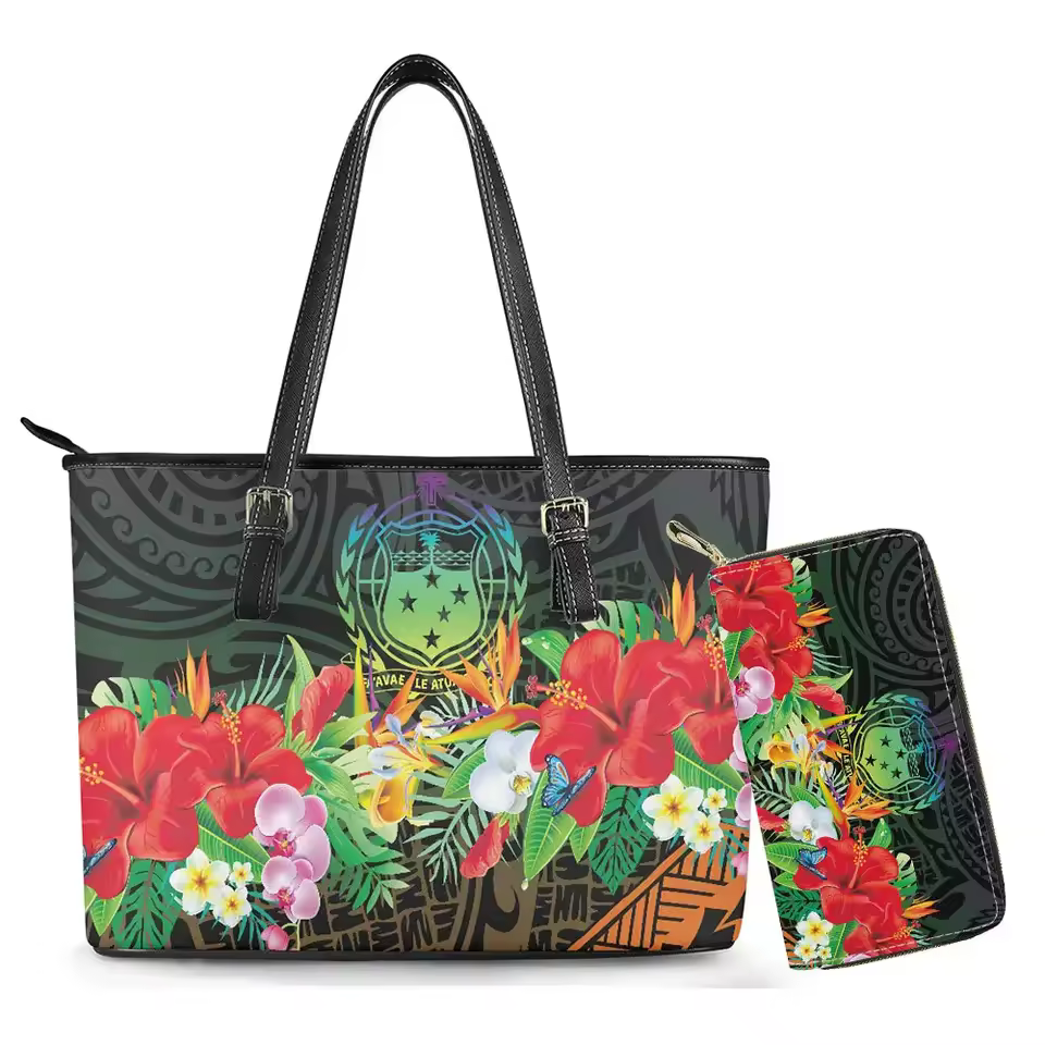 Luxury Polynesian Island Sea Turtle Print Women's Fashion 2pcs Set Durable Top Handle Satchel Purse Wallet Tote Bag Zipper