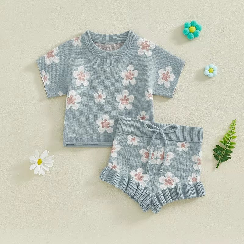 Spring Autumn Newborn Infant Toddler Baby Girl Clothes Sets Short Sleeve Floral Print Knit Tops Shorts 2PCS Outfits