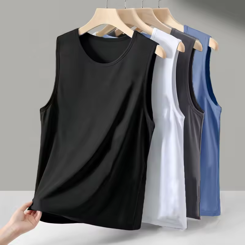 2025 Summer Men's Round Neck Sleeveless T Shirt Breathable Speed Dry Ice Silk Vest With Wide Shoulder Casual Sports Tank Top