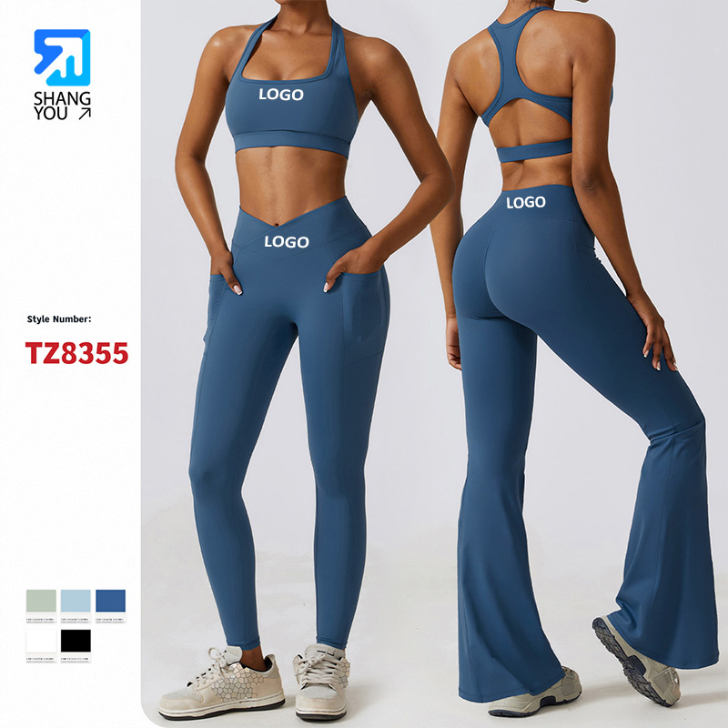 Wholesale Factory Sexy Fast Dry Beauty Hollow out Back Yoga Leggings Pocket Tight Running Sports Suit Women's Fitness Yoga Flare Set
