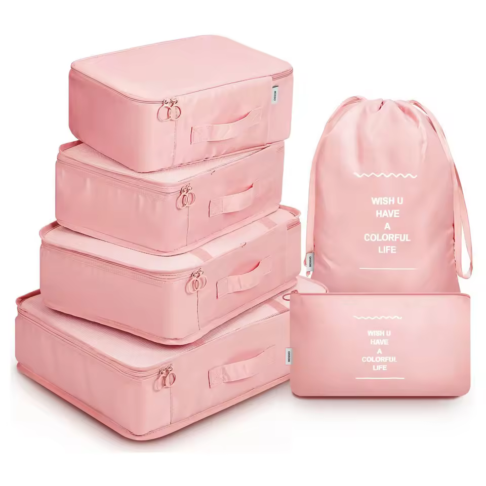 Bagsplaza Premium Quality Luggage Mesh Bags For Accessories With Laundry Bag Pink Travel Set Of 8pcs Compression Packing Cube