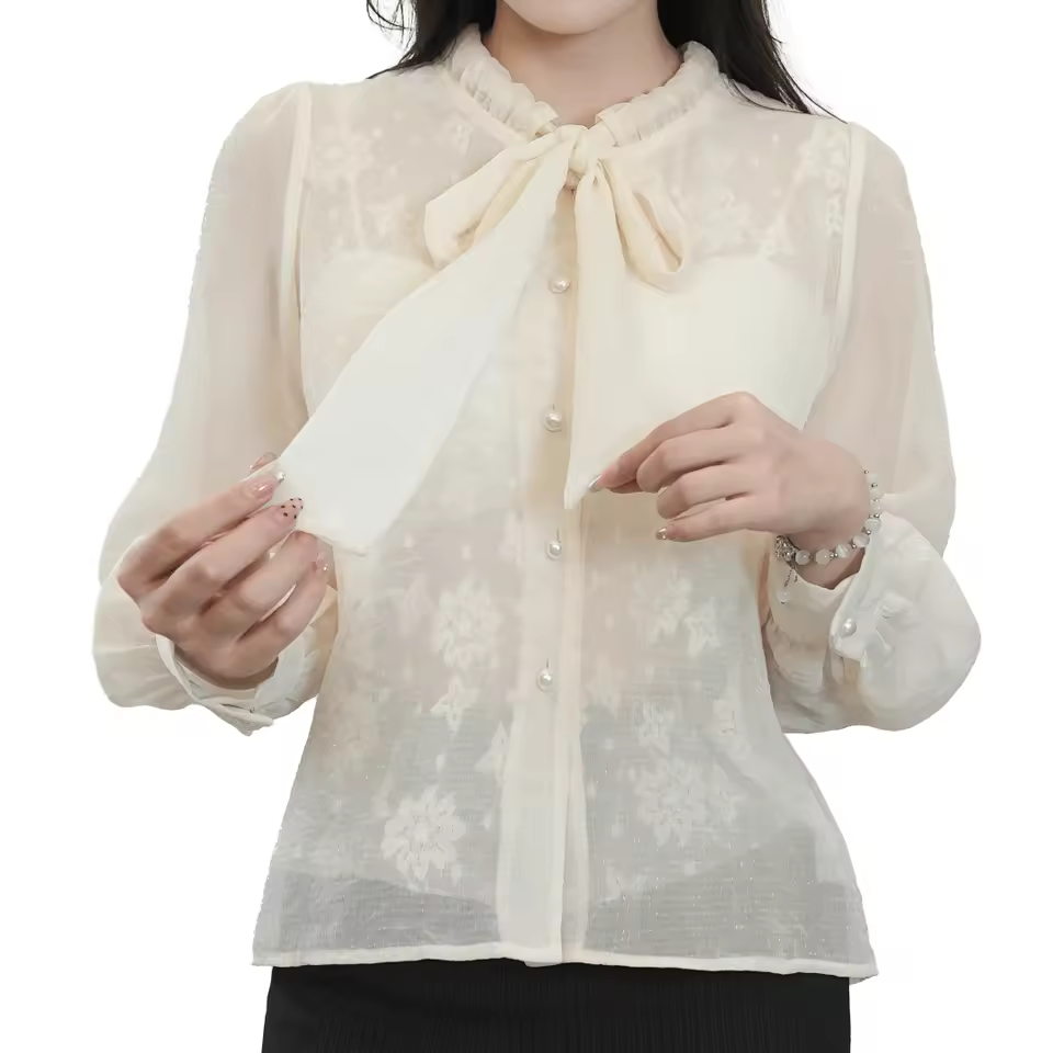 New Korean Version Of The Hundred Round Neck Long-sleeved Bow Tie Shirt Female Blouse Spring
