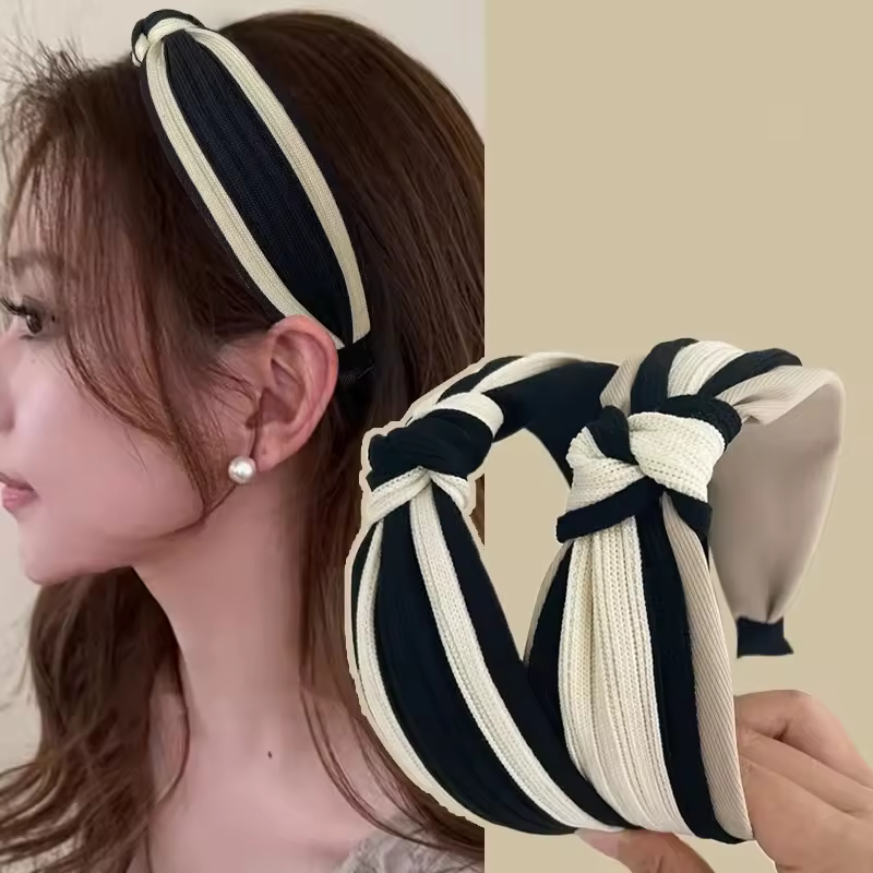 Muju High Touch Black White Striped Fabric Non-slip Cross Bow Women Headband Vintage Top Hair Accessories Anti-age Temperament
