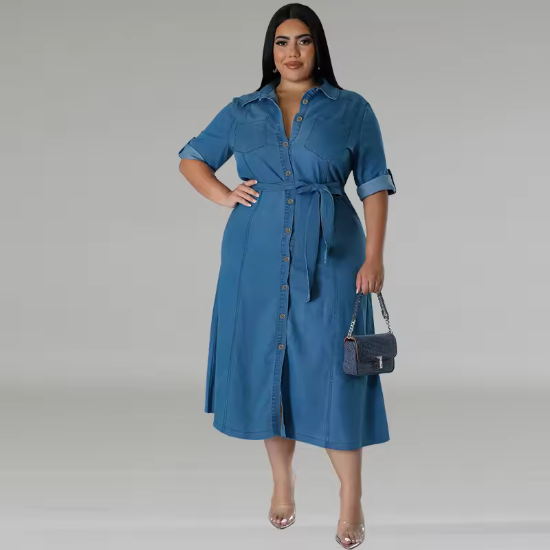 Oem Casual Ladies Women's Plus Size Denim Lapel Half Sleeve Strap Midi Dress
