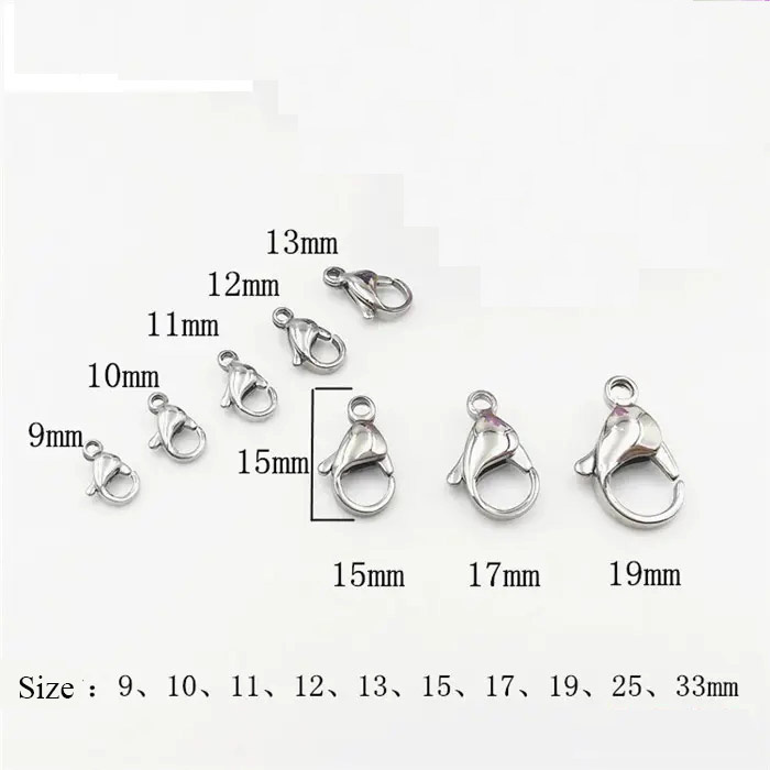 Wholesale High Quality 304 or 316 Stainless Steel Metal Silver Gold Lobster Claw Clasp 12mm 13mm 15mm 17mm