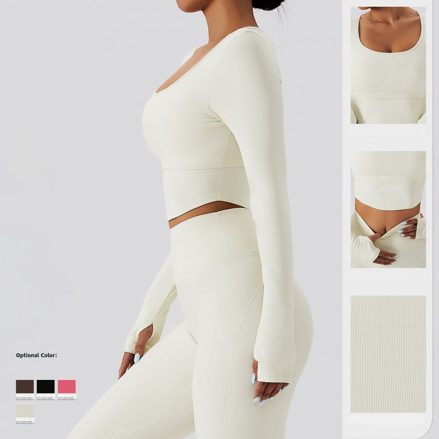 Women New Fast Drying Elastic U-Neck Long Sleeve Sports Yoga Crop Top Training Gym Running Top