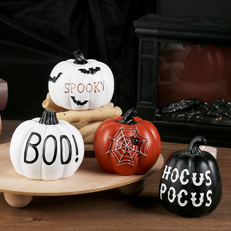 Resin Pumpkin Decor Set - Themed Halloween Table Display with Bat & Spider Designs