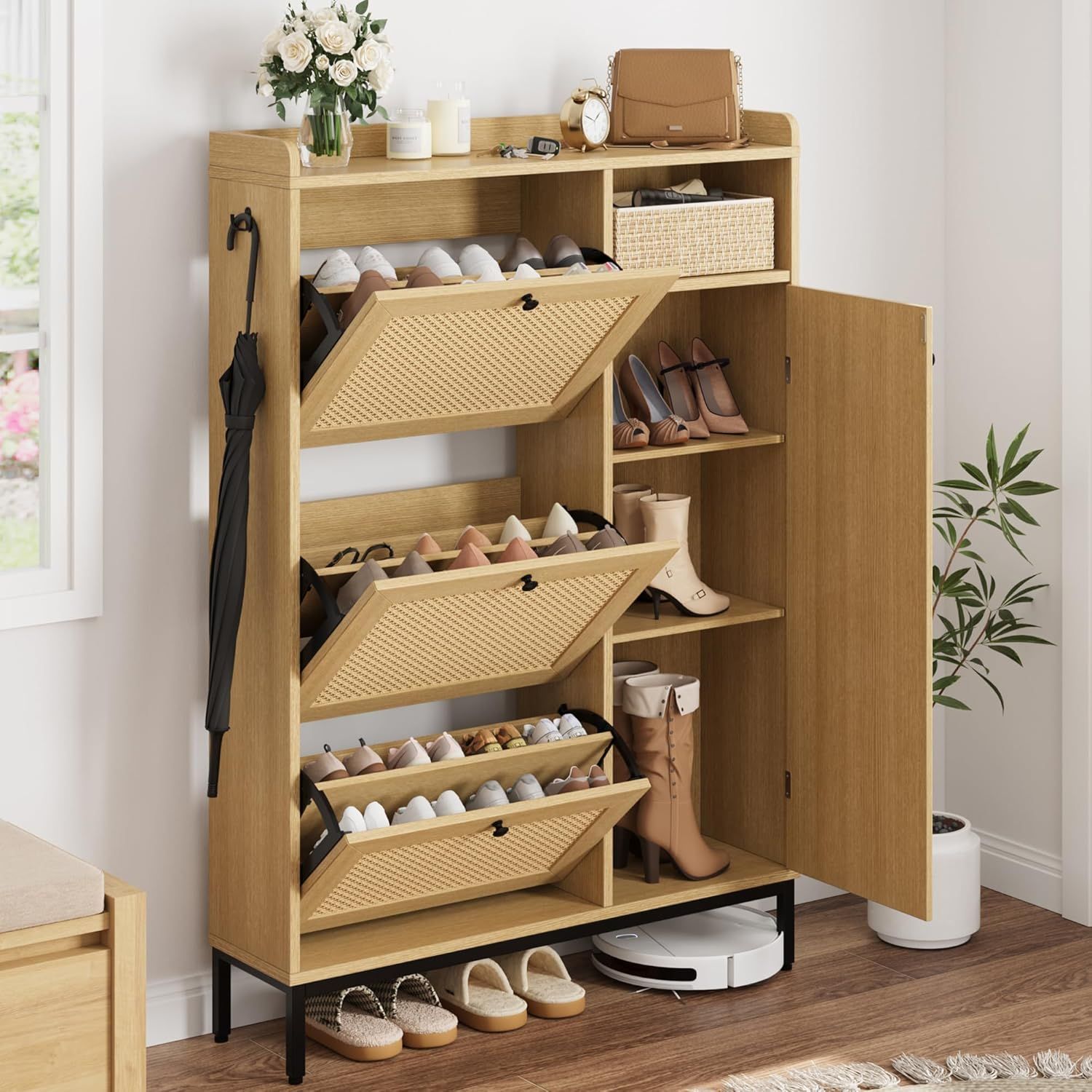 Shoe Cabinet Rattan with 3 Flip Drawer-Freestanding Shoe Organizer with Shelves