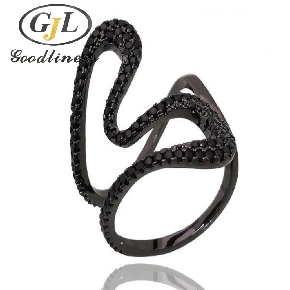 Geometric Adjustable Snack Black Diamond Wave Twisted Rings for Women
