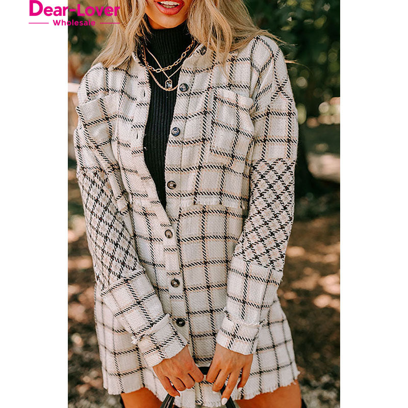 Dear-Lover Fall Clothes Classic Plaid Shacket Checkered Print Chest Pocket Buttoned Tunic Jacket for Women
