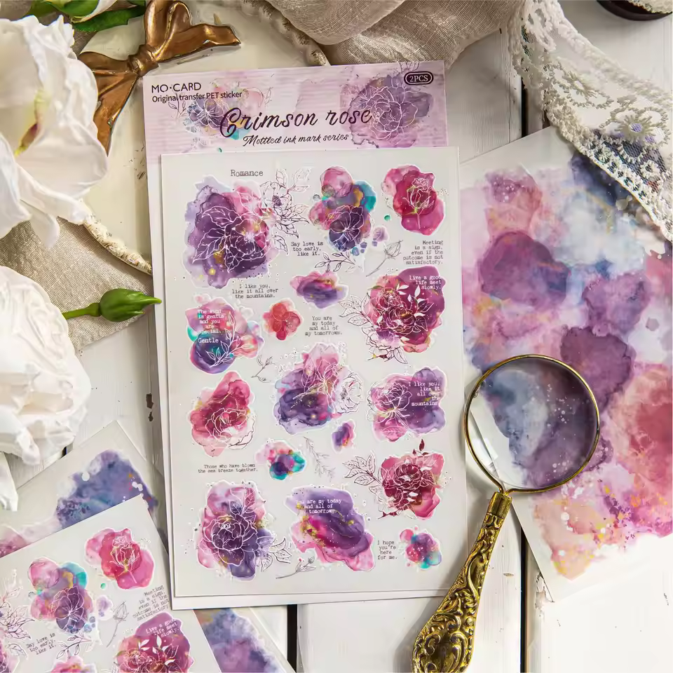 2pcs/pack Pet Transfer Flat Stickers Mottled Ink Series Retro Literary Handbook Diy Decorative Stickers