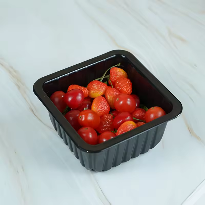 Factory 1414 Square Black Plastic Disposable Frozen Food Tray Fruit Vegetable Meat Plastic Food Packaging Tray