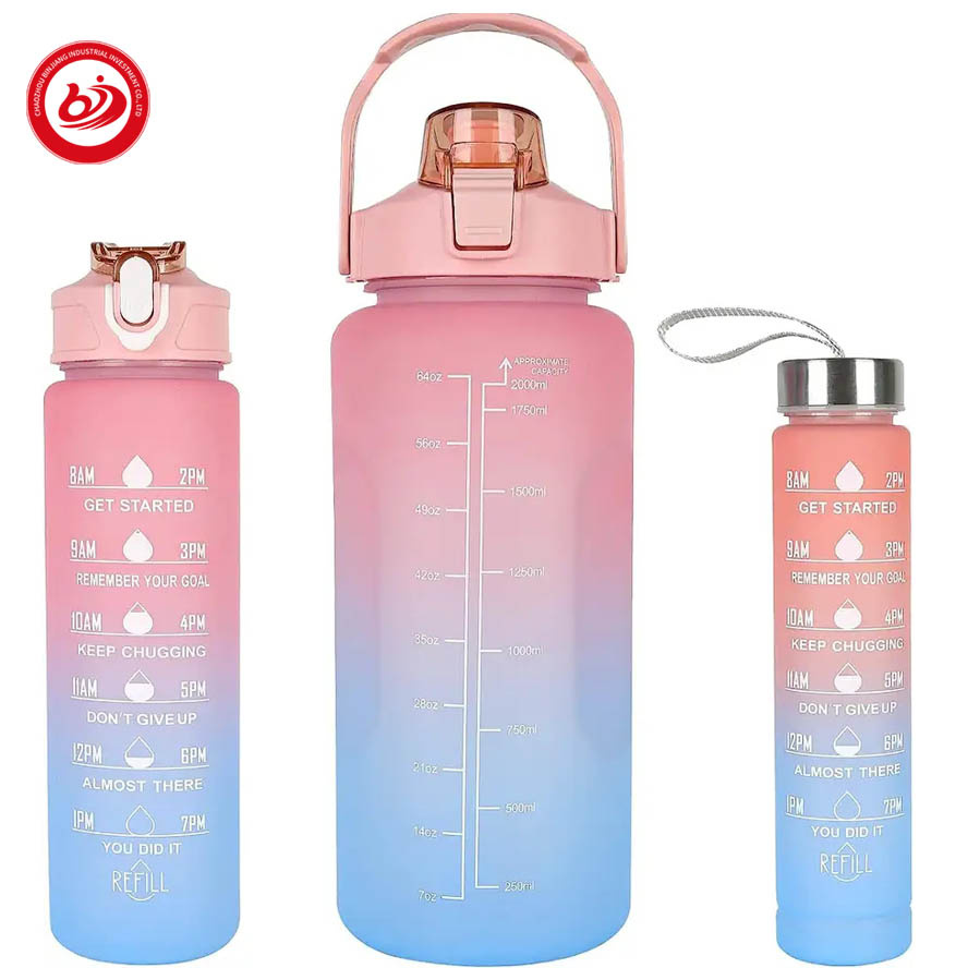 Motivational Water Bottle with Time Marker Half Gallon Bottle with Straw for Fitness Gym Outdoor Travel 3 PCS Set