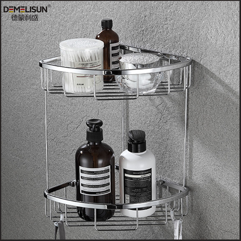 Home Use Stainless Steel Bathroom Shower Corner Shelf with Double Hooks