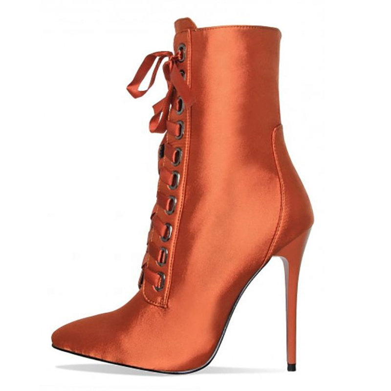 Satin 12cm Heels Ankle Boots Block High Heeled Lace-up Short Booties Shoes
