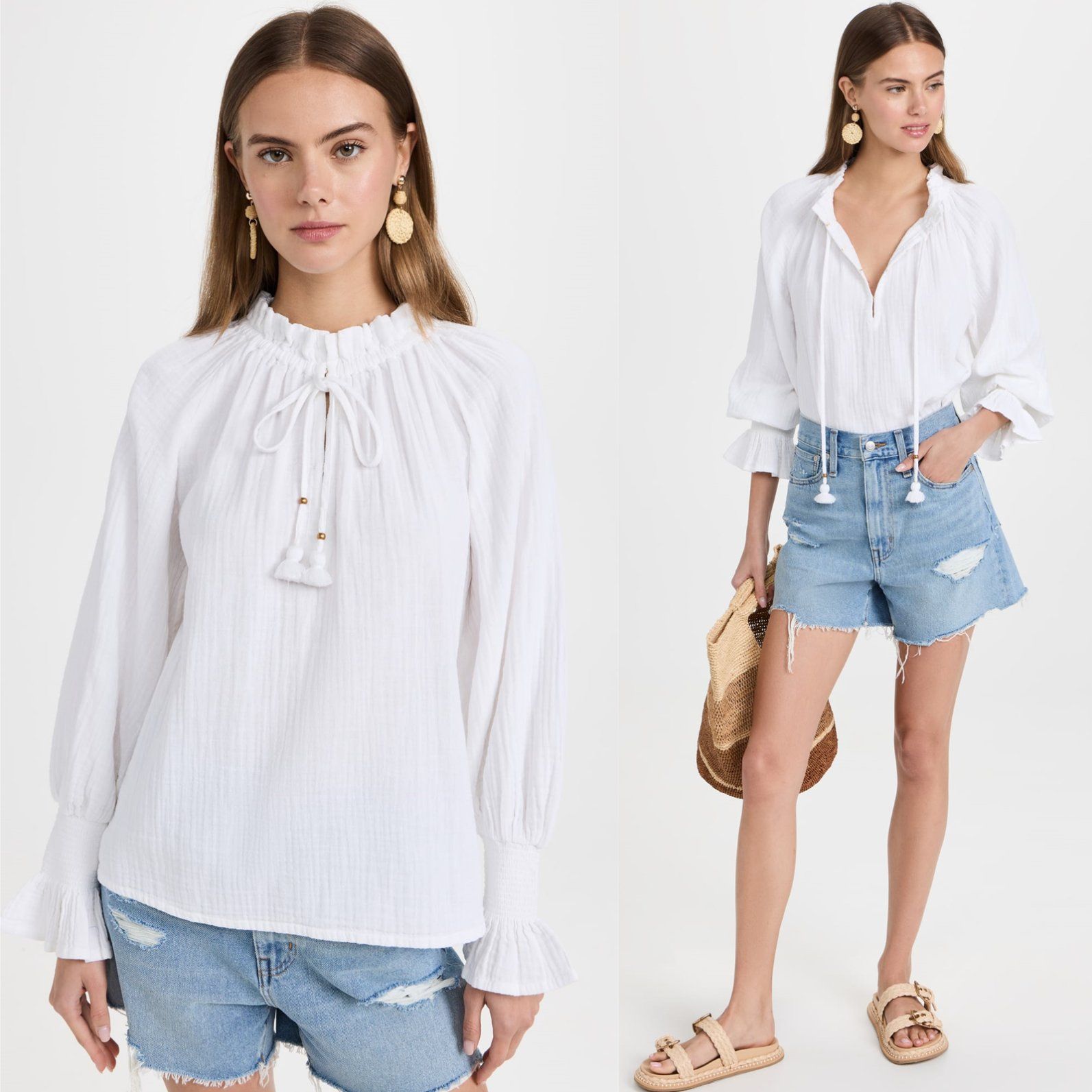 Round Neck OEM China Casual Fashion Apparel Factory Hot Selling Wholesale Fashion Summer Elegant Long Sleeves Lady Blouses with Smocked Cuffs