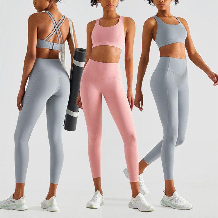 Ad1245wx+Adck1237 Cross Back Clasp Hook Sports Bra Skinny Yoga Leggings Suits Pocket Gym Fitness Yoga Sets for Women