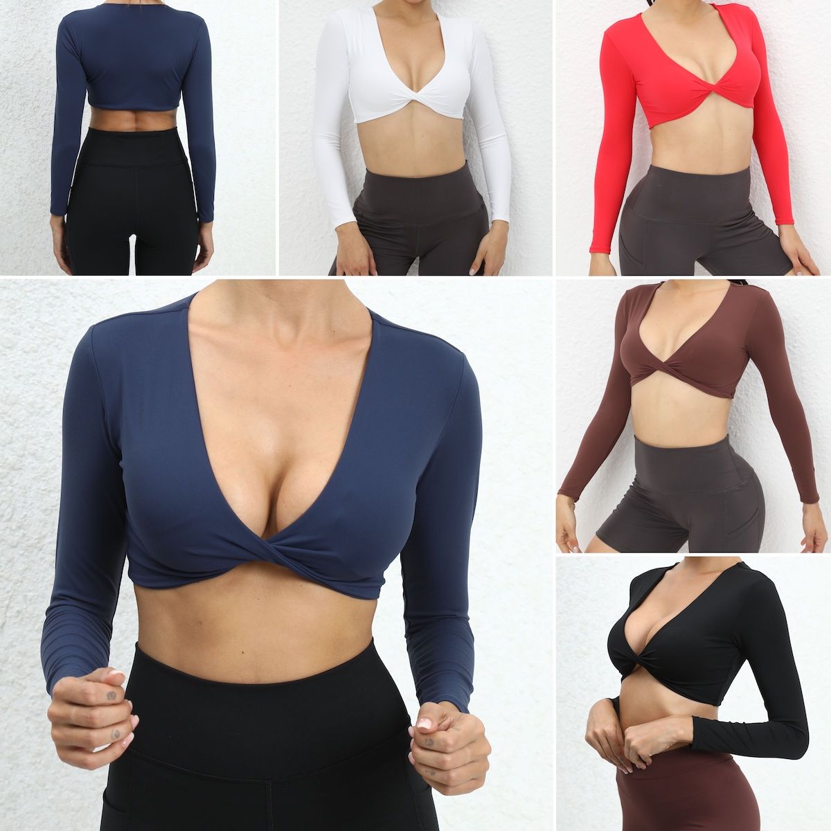 Factory New Design Deep V Neck Gym Fitness Clothing Sweatshirts for Women, Quick Dry Twisted Front Long Sleeve Pullover Yoga Workout Crop Top with Built in Bra