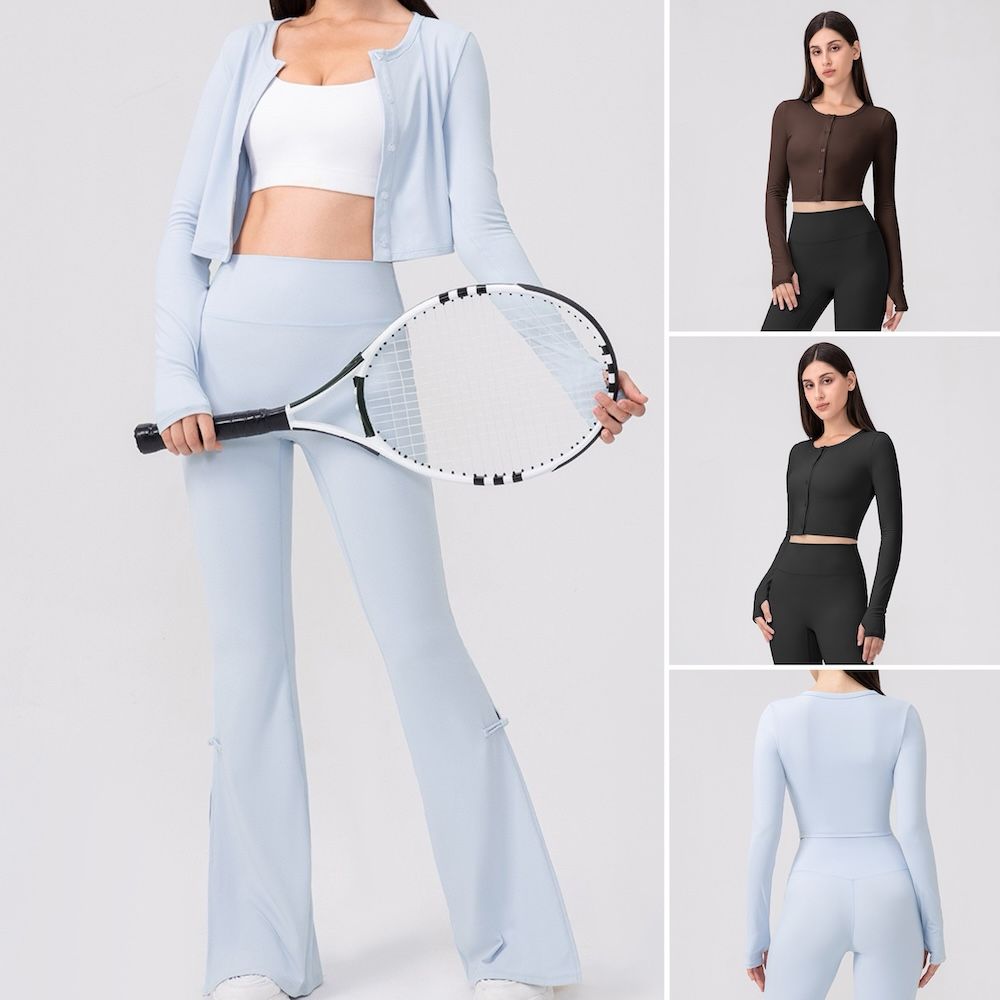 New Design Slim Fit Yoga and Pilates Fitness Cardigan for Women, Premium Soft Activewear Long Sleeve Running Coat Workout Crop Tops with Button Closure Design