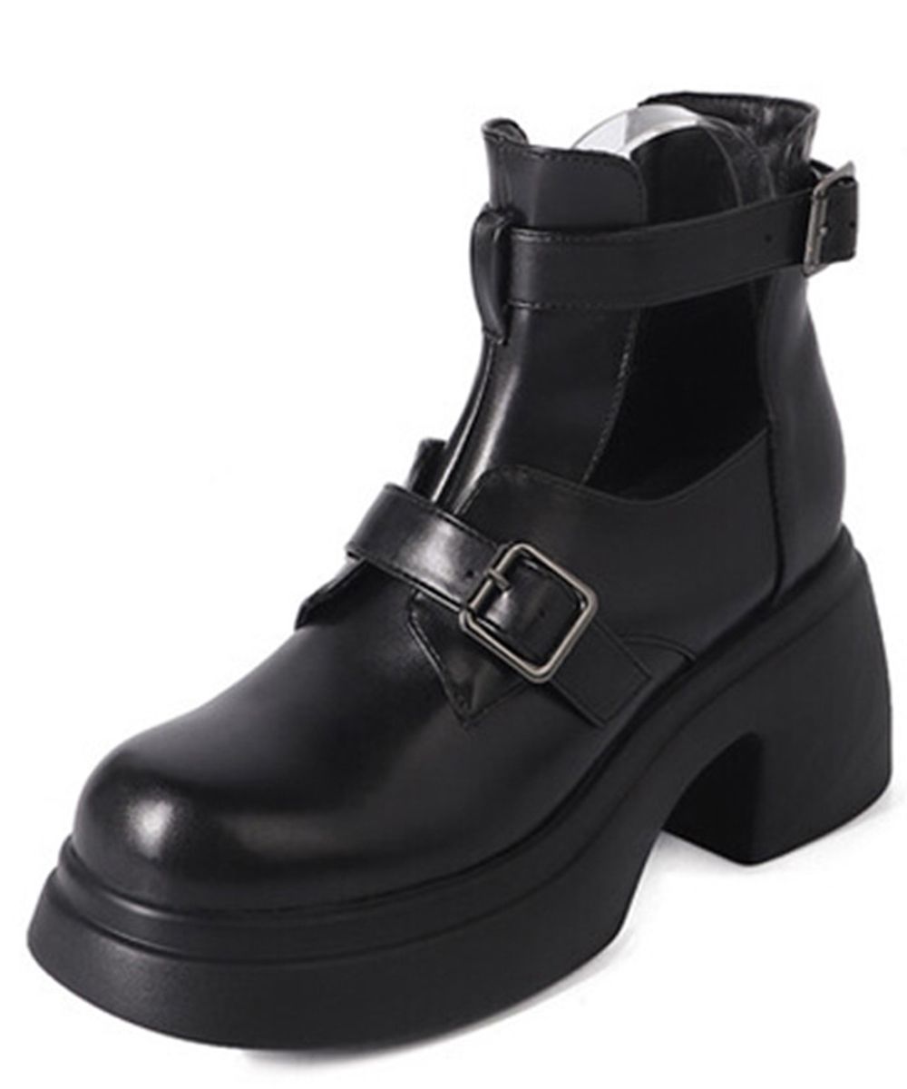 2024 Black Full Genuine Leather Thick Platform Flat Woman Shoes Round Toe Chunky High Heels New Autumn Winter Ankle Boots