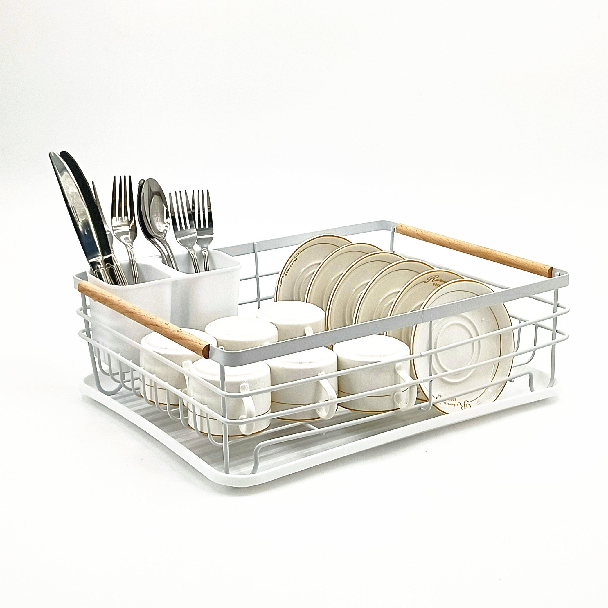 Large Metal Wire Kitchen Countertop Sink Dish Draine Rack with Removable Plastic Driptray and Utensil Cutlery Holder Cup Storage