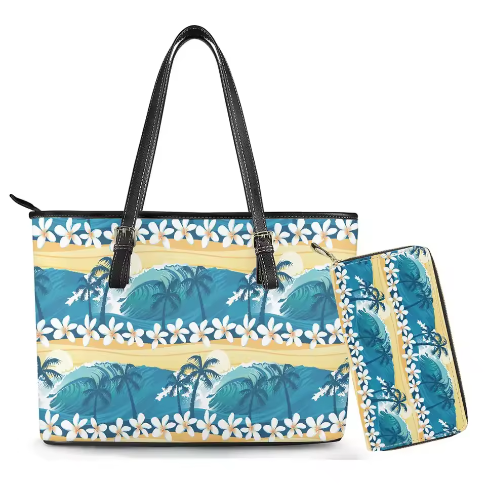 Fashionable Hawaiian Tropical Design Women's Leather Handbag Tote Large Capacity Shoulder Bag Zipper Top Satchel 2pcs Purse Set