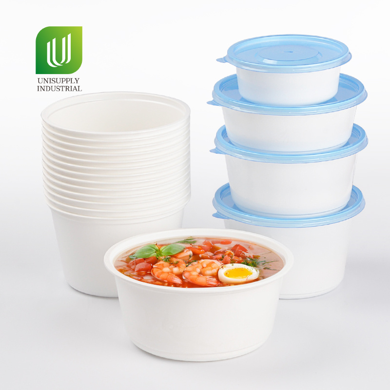 Unisupply Factory Round Packaging Box Plastic Bowl White Plastic PP Bowl Printing for Soup Food Rice