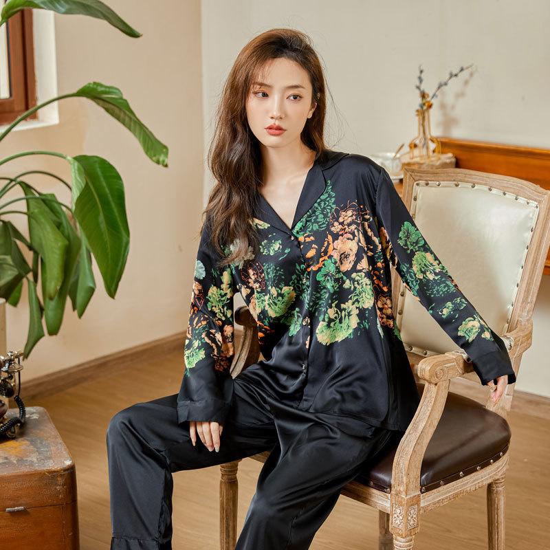 Customizable Vintage Style Satin Pajama Set, Printed Long Sleeve Loungewear for Women