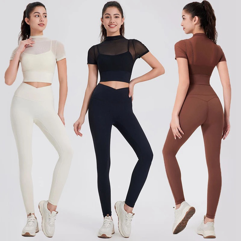 Wholesale Ladies High Neck Mesh T-Shirt Top with Built-in Bra + Crossover Waist Athletic Leggings with Back Pocket, 2 PCS Matching Yoga Activewear Set